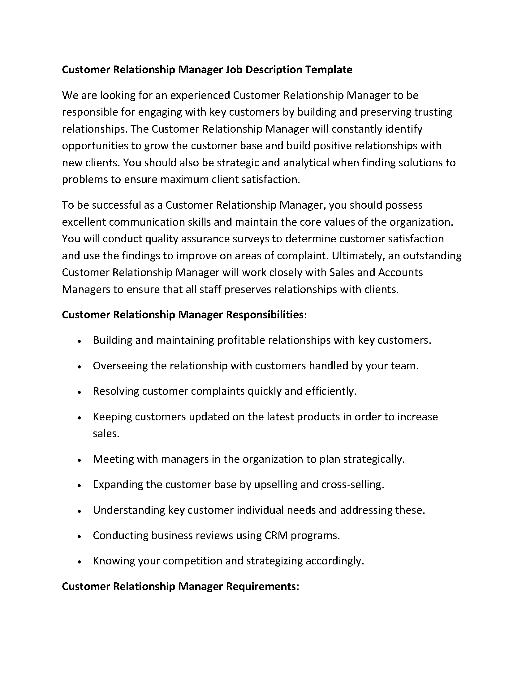 Customer Relationship Manager Job Description Template